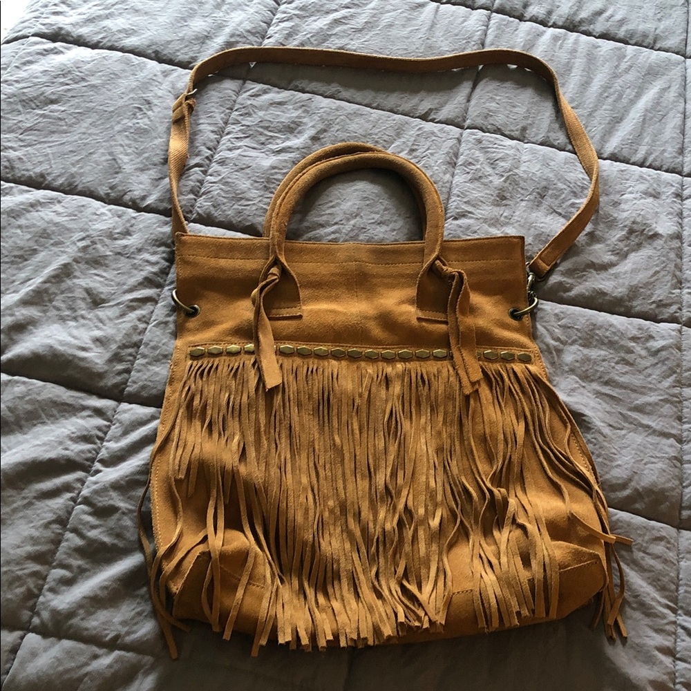 Lucky Brand Fringe Suede Shoulder Bag - Mustard Brown
